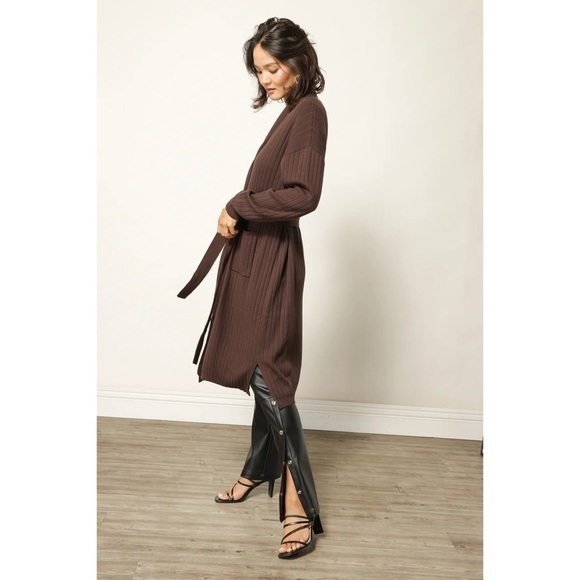 Line & Dot Long Belted Ribbed Cardigan in Brown Sz. Medium - NWT - Picture 5 of 13